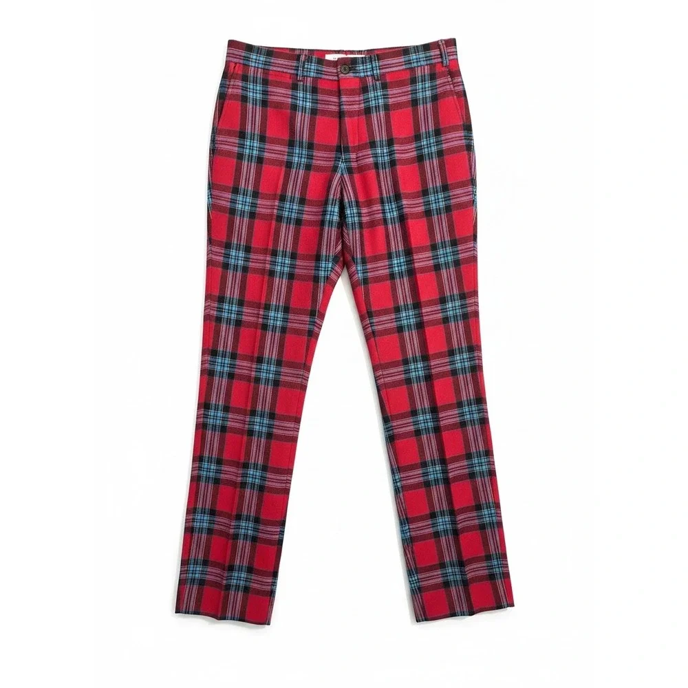 J. McLaughlin Plaid Wool Pants Mens 36 Red Excellent Tartan Trousers